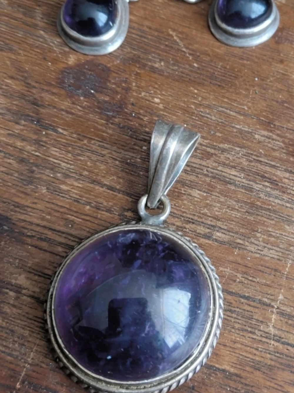 Sterling Silver Amethyst Pendant - Deep Purple Cabochonw/ matching Earrings